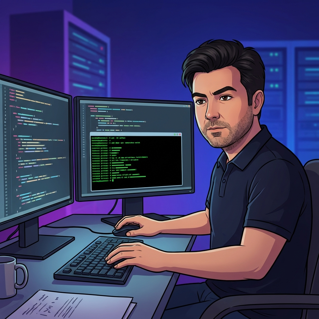 Cartoon illustration of coding at dual monitors
