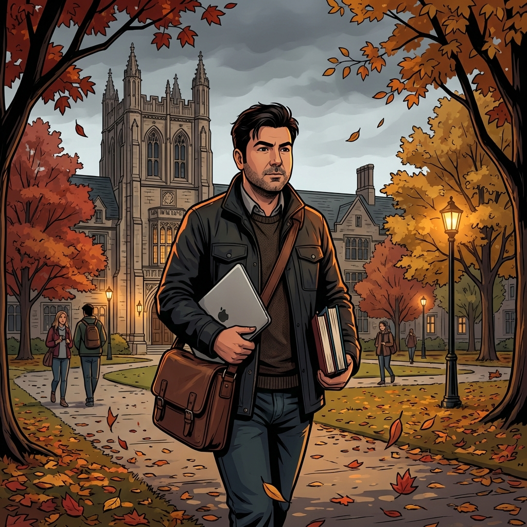 Cartoon illustration walking across university campus in autumn