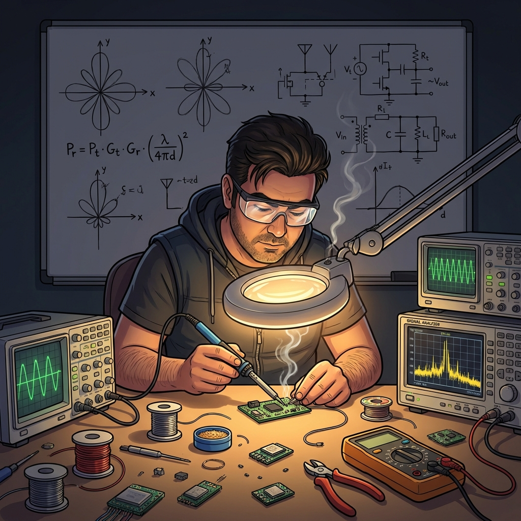 Cartoon illustration soldering sensor circuits in research lab