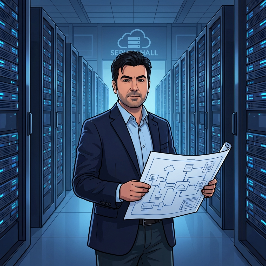 Cartoon illustration at data center entrance with architecture blueprint