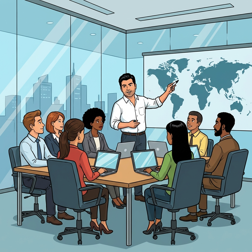Cartoon illustration of leading a team meeting