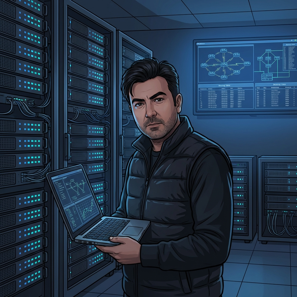 Cartoon illustration of managing network infrastructure