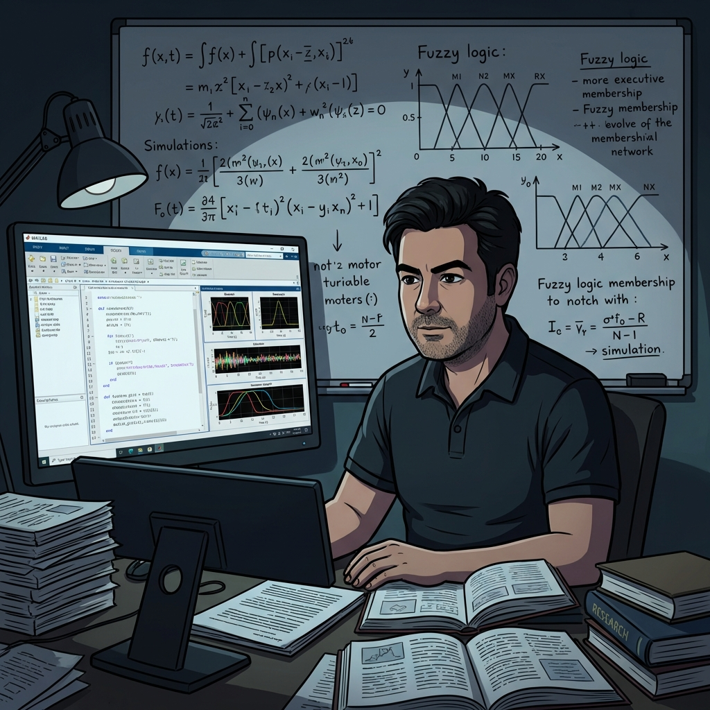 Cartoon illustration of research work with MATLAB